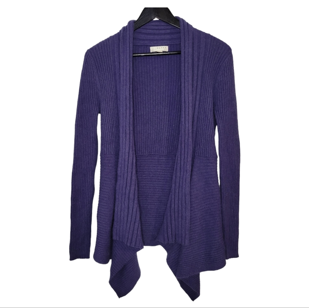 Kenar Angora Blend Open Front Waterfall Cardigan Purple/Blue Ribbed Knit Size L